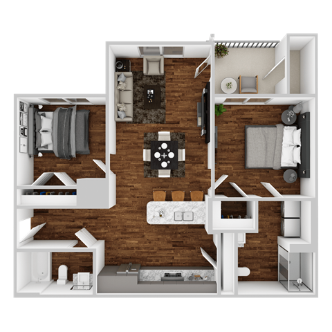 Floor plan for 2 beds, 2 baths, 970 sqft